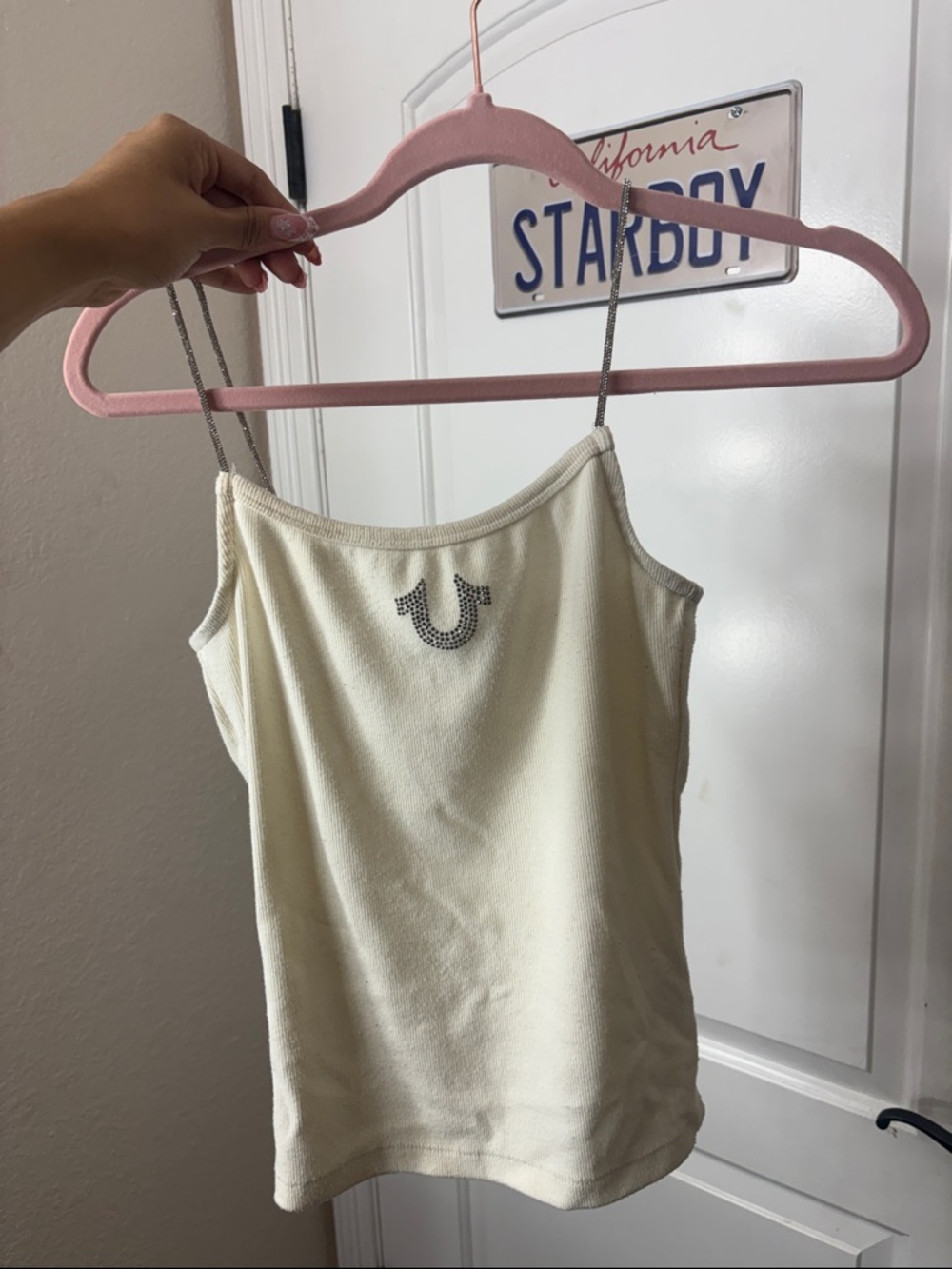 True Religion Ivory Cami with Rhinestone Logo and Metallic Straps